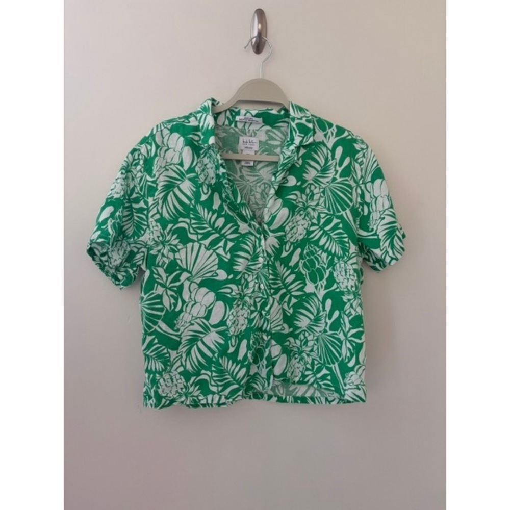 Nicole Miller New York Green White Tropical 100% Linen Button Down Shirt Size M
